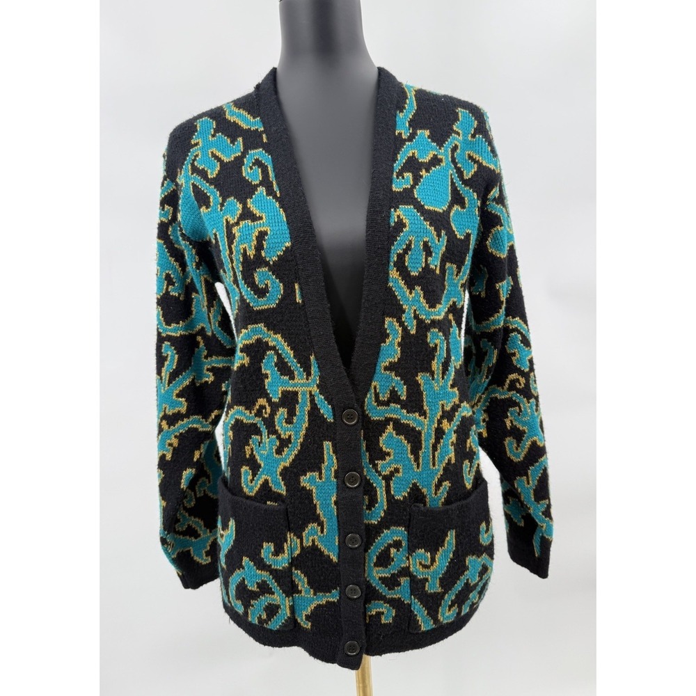 VINTAGE Women's Black Blue Cardigan Size M Vneck